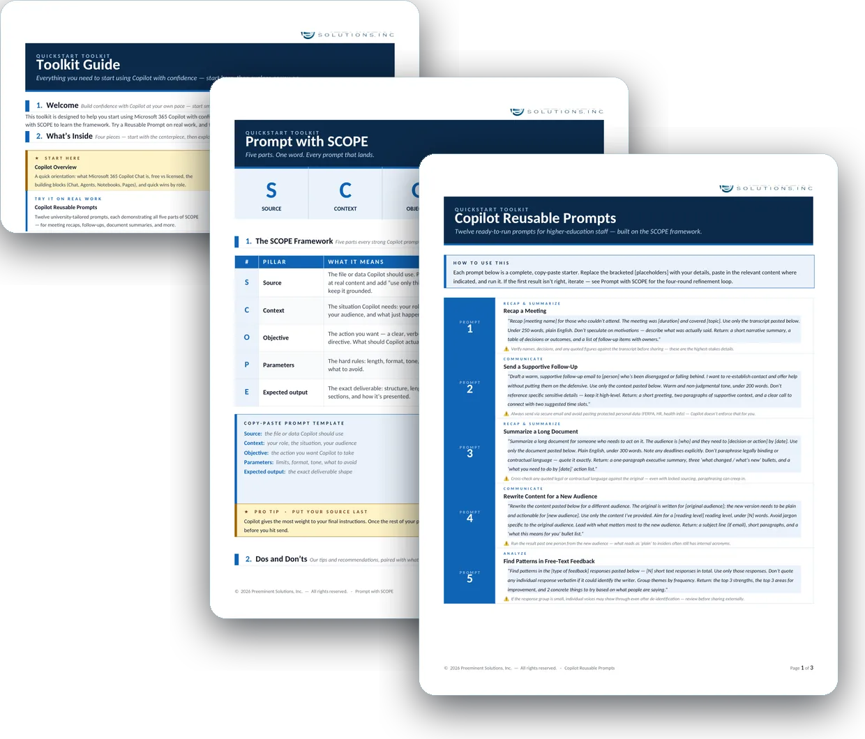 Three pages of the Copilot Quickstart Toolkit stacked: the toolkit guide, the Prompt with SCOPE framework, and a set of reusable prompts